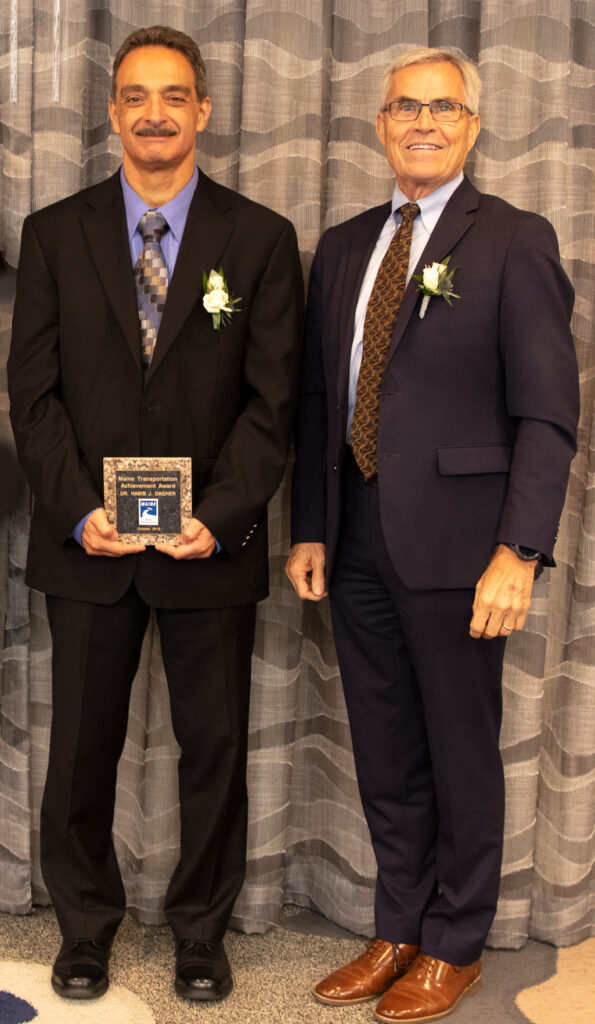 Dr. Dagher with Brit Svoboda, chairman and CEO, AIT Bridges, at the 2019 Maine Better Transportation Association awards ceremony. Dr. Dagher received the 2019 Transportation Champion Award for founding the UMaine Composites Center, directing the Transportation Infrastructure Durability Center at UMaine, and his history of innovations including the award-winning composite arch bridge system known as Bridge in a Backpack and a composite girder system known as the CT Girder.