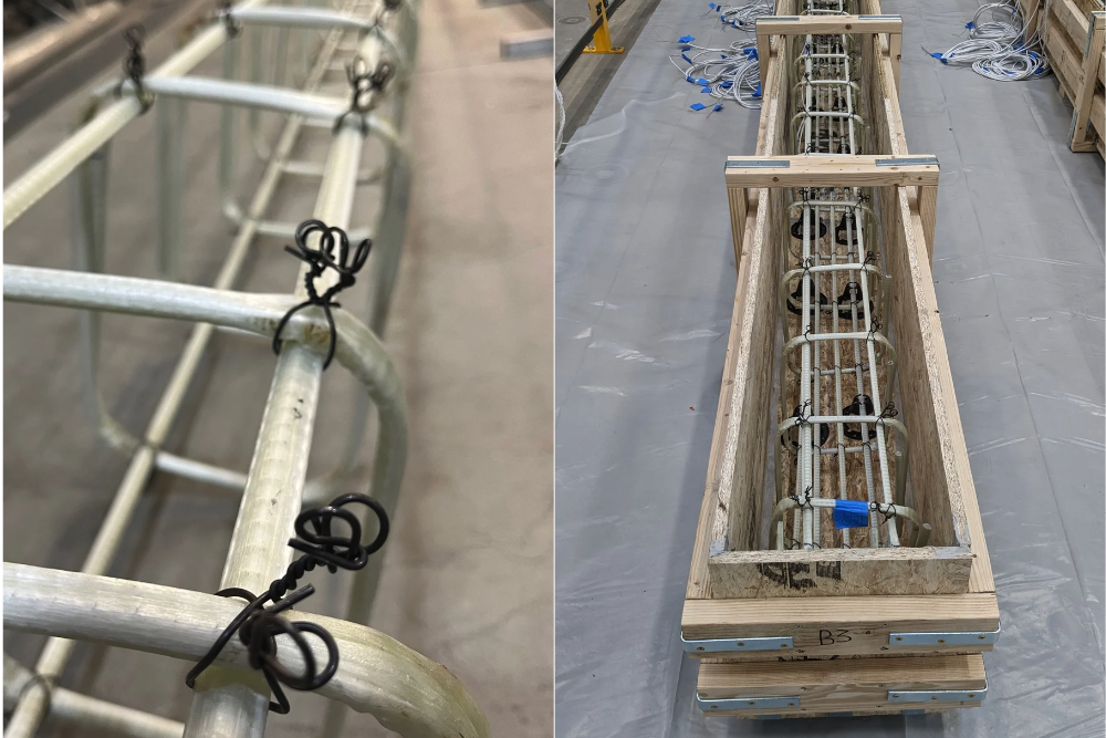 A split image of two rebar cages made from field bendable thermoplastic rebar.